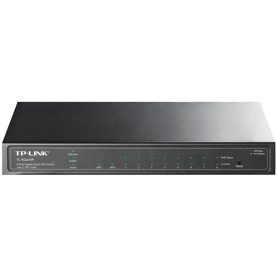 TP-Link SG2210P Omada 10-Port Gigabit Smart Switch with 8 Gigabit PoE+ ports and 2 x SFP slots, 61W total PoE budget, Static routing, VLAN, ACL, QoS, IGMP Snooping, Fanless, metal casing, desktop/wall mount