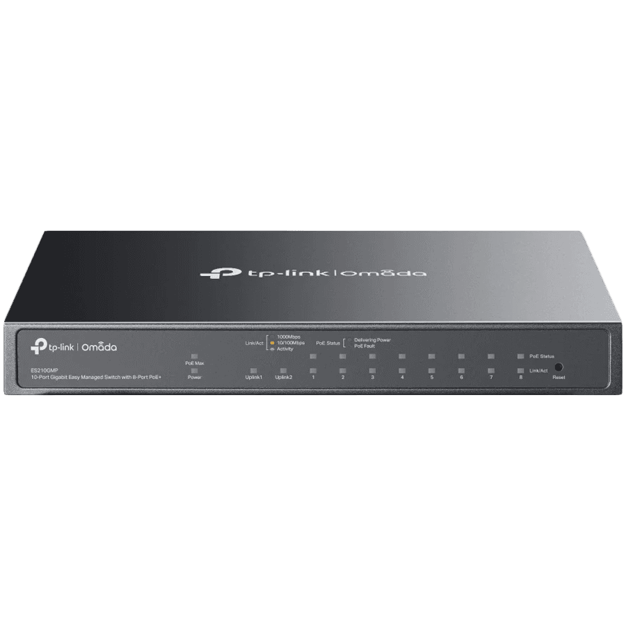 Omada 10-Port Gigabit Easy Managed Switch with 8-Port PoE+ 8× Gigabit PoE+ Ports, 1x Gigabit Non-PoE Ports, 1× Combo Gigabit RJ45/SFP Port 802.3at/af, 123 W PoE Power,  Desktop Steel Case and Fanless Integration with Omada SDN Controller