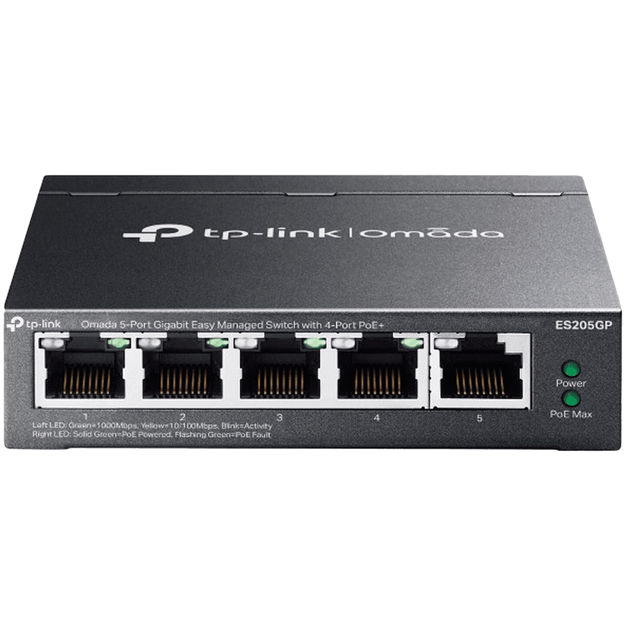 Omada 5-Port Gigabit Easy Managed Switch with 4-Port PoE+ 4× Gigabit PoE+ Ports, 1× Gigabit Non-PoE Ports 802.3at/af, 65 W PoE Power, Desktop Steel Case and Fanless Integration with Omada SDN Controller