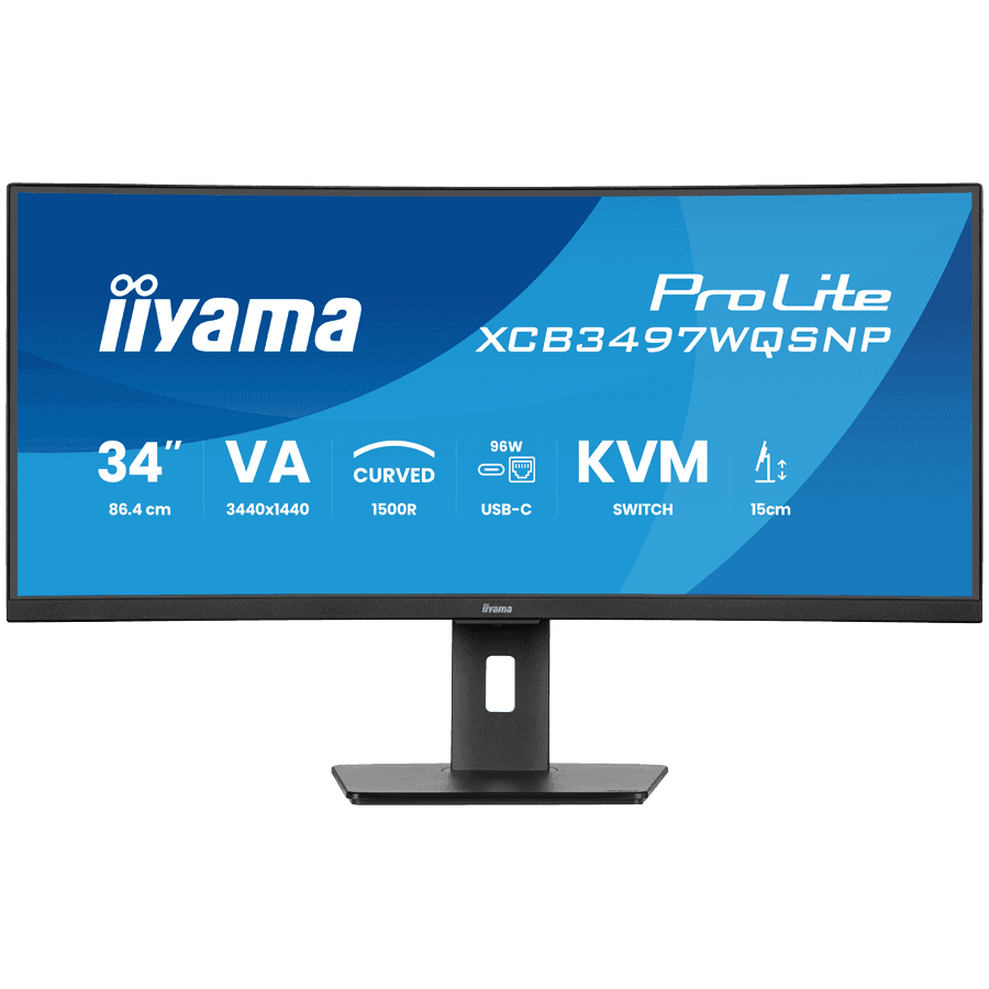 34" UW Curved VA-panel, 3440x1440-120Hz, 350cdm, 0,4ms MPRT, Speakers,USB-C Dock (LAN/KVM/95W PD),DisplayPort, 2xHDMI,USB HUB (2x3.2 2xC) ,Adaptive Sync.15cm Height Adj. Stand