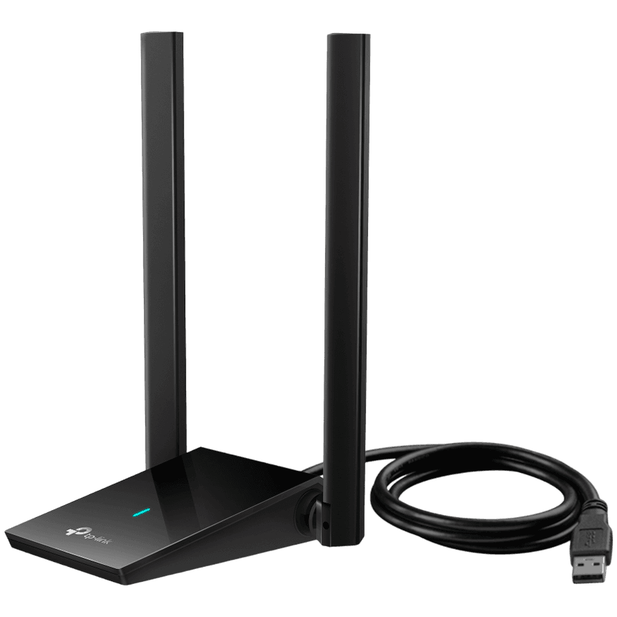 AX1800 High Gain Dual Band Wi-Fi 6 USB AdapterSPEED: 1201 Mbps at 5 GHz + 574 Mbps at 2.4 GHzSPEC: 2Г— High Gain External Antennas, USB 3.0, Extension CableFEATURE: MU-MIMO, OFDMA, WPA3