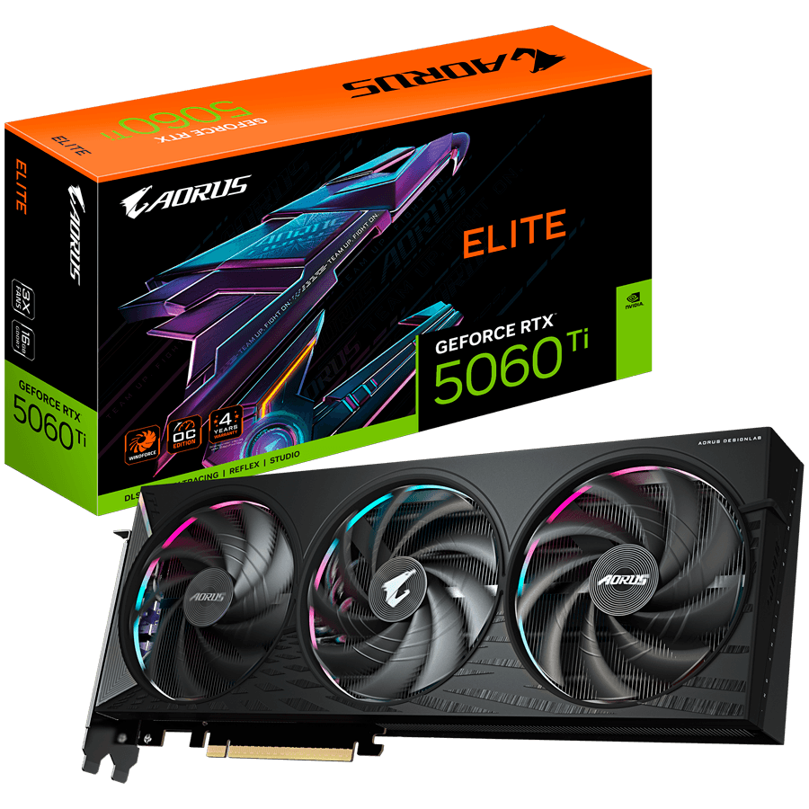 GIGABYTE Video Card NVIDIA AORUS GeForce RTX 5060 Ti ELITE 16G (16GB GDDR7/128bit, PCI-E 5.0, 1x 8Pin Power connector, Recommended PSU 650W, 3xDP, 1xHDMI)