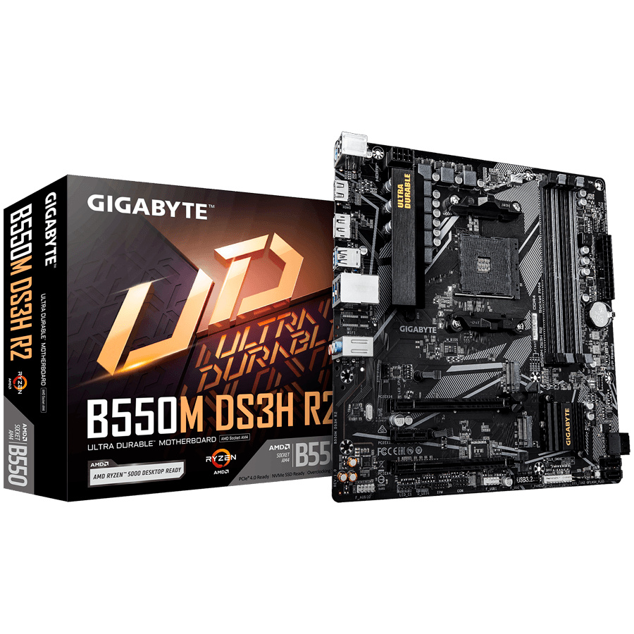 GIGABYTE Mainboard Desktop B550M DS3H R2 (AM4, 4xDDR4, 1xDP, 1xHDMI, GLAN, 1xPCI-E x16 slot, 1xPCI-E x1 slot, 2xM.2, 4xSATA 6G) mATX