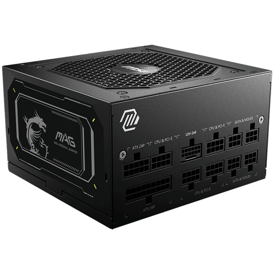 MSI PSU MAG A750GL PCIE5 II, 750W 80Plus Gold, 120mm Fan Active PFC, Fully Modular, 12VHPWR, ATX 3.1, PCIe 5.1, OVP, OCP, OTP, OPP, SCP, UVP, 100-240Vac, 47Hz-63Hz Input Frequency, ATX, 7Y, Black