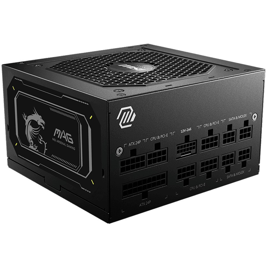 MSI PSU MAG A850GL PCIE5 II, 850W 80Plus Gold, 120mm Fan Active PFC, Fully Modular, 12VHPWR, ATX 3.1, PCIe 5.1, OVP, OCP, OTP, OPP, SCP, UVP, 100-240Vac, 47Hz-63Hz Input Frequency, ATX, 7Y, Black