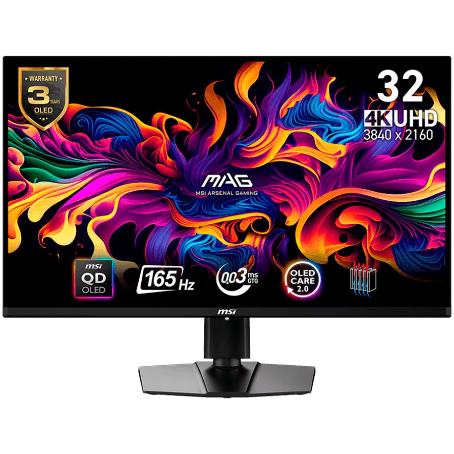 MSI MAG 321UP QD-OLED, 31.5'', 3840x2160 (UHD), 16:9, 250 NITS, 165Hz, 0.03ms (GTG), AMD FreeSync Premium Pro, 1x DP 1.4a, 2x HDMI 2.1 (4K, 165Hz), 1x USB 2.0 Type-C (DP alt.) w/ 15W PD, VESA,