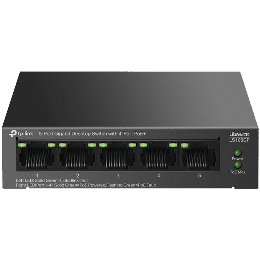 TP-Link LS105GP 5-Port Gigabit Desktop Switch with 4-Port PoE+, 4x Gigabit PoE+ Ports, 1x Gigabit Non-PoE Port, 802.3af/at, 65 W PoE Power, Desktop Steel Case, Extend Mode for 250m PoE Transmitting, PoE Auto Recovery, Plug and Play