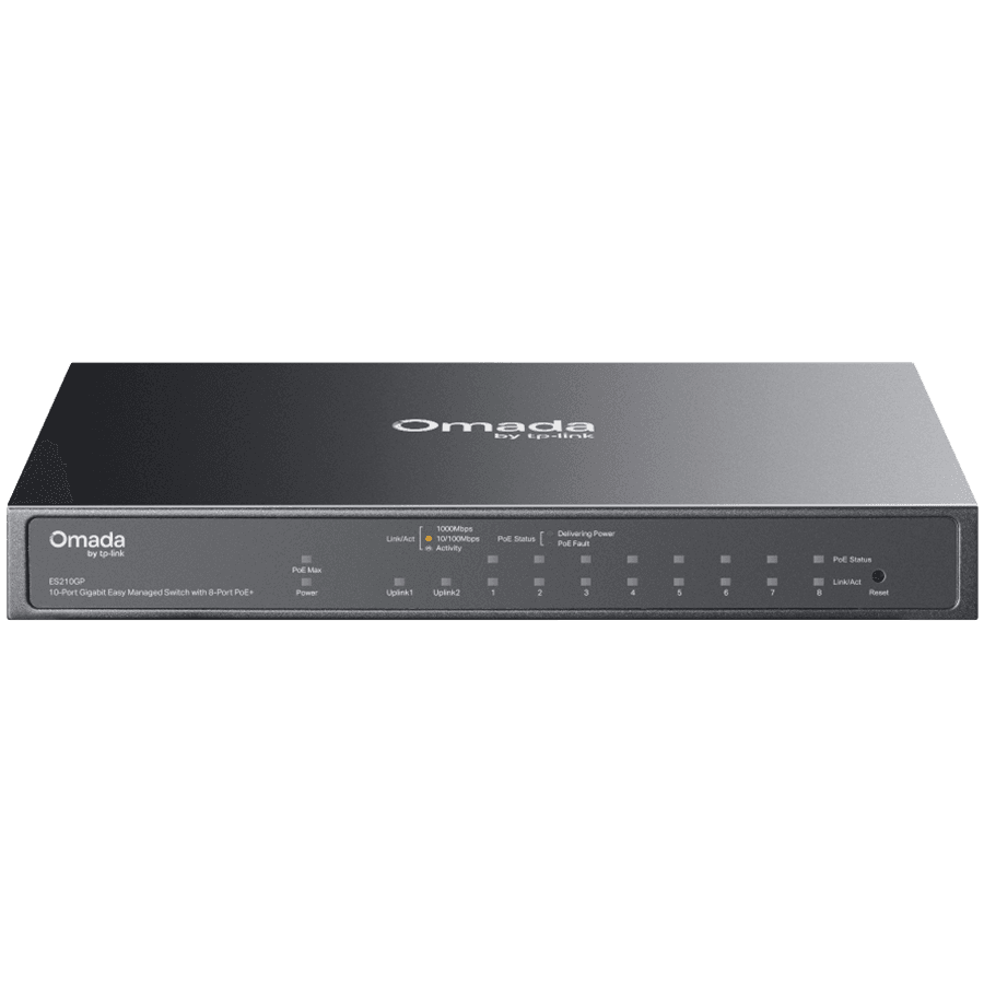 TP-Link ES210GP Omada 10-Port Gigabit Easy Managed Switch with 8-Port PoE+, 8x Gigabit PoE+ Ports, 1x Gigabit Non-PoE Ports, 1x Combo Gigabit RJ45/SFP Port, 63 W PoE Power,  Desktop Steel Case and Fanless, Omada App. Flow Control, Loopback Detection
