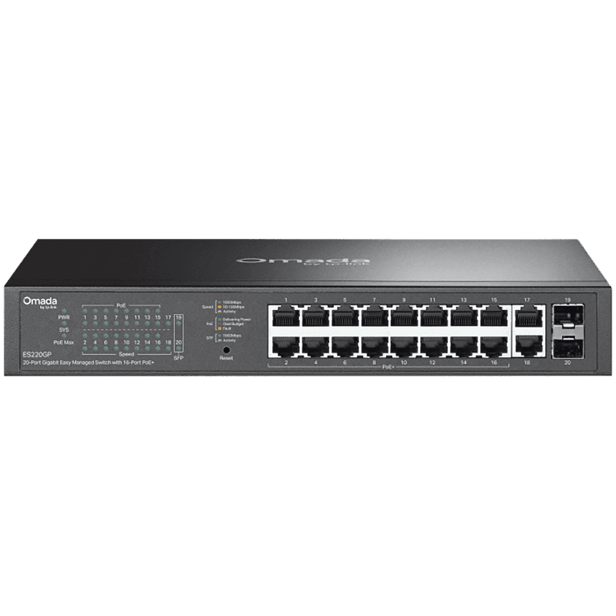 TP-Link ES220GP Omada 20-Port Gigabit Easy Managed Switch with 16-Port PoE+, 16x G PoE+ Ports, 2x G Non-PoE Ports, 2x G SFP Ports, 802.3at/af, 150 W PoE Power, 1U 13-inch Rack-mountable Steel Case and Fanless, Omada app