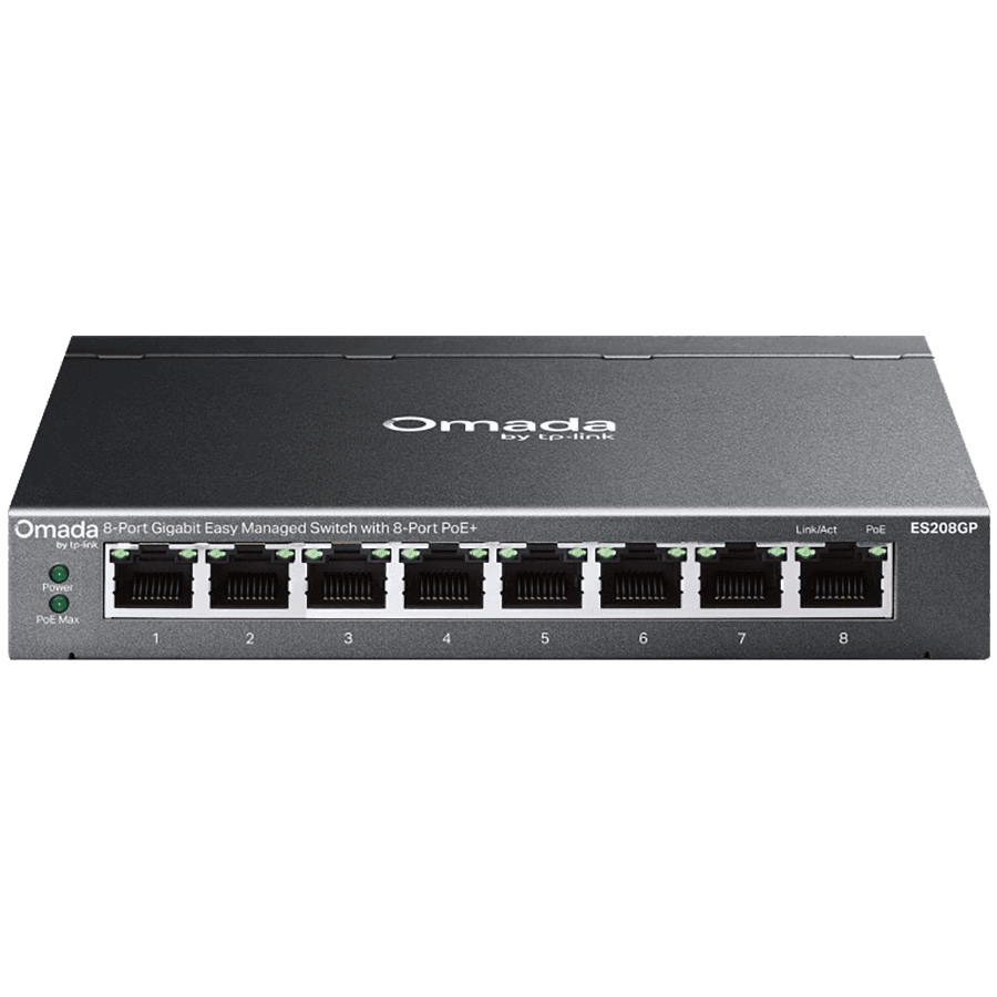 TP-Link ES208GP Omada 8-Port Gigabit Easy Managed Switch with 8-Port PoE+, 8x G PoE+ Ports, 802.3at/af, 64 W PoE Power,  Desktop Steel Case and Fanless,Omada App, Flow Control, Loopback Detection, Port Isolation, Port Mirroring, LAG, VLAN, IGMP Snoop