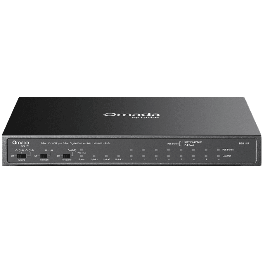 Omada 8-Port 10/100Mbps + 3-Port Gigabit Desktop Switch with 8-Port PoE+ 8× 10/100 Mbps PoE+ Ports, 2× Gigabit Non-PoE Ports, 1× Gigabit SFP Slots 802.3at/af, 65 W PoE Power, Desktop Steel Case Extend Mode for 250m PoE Transmitting