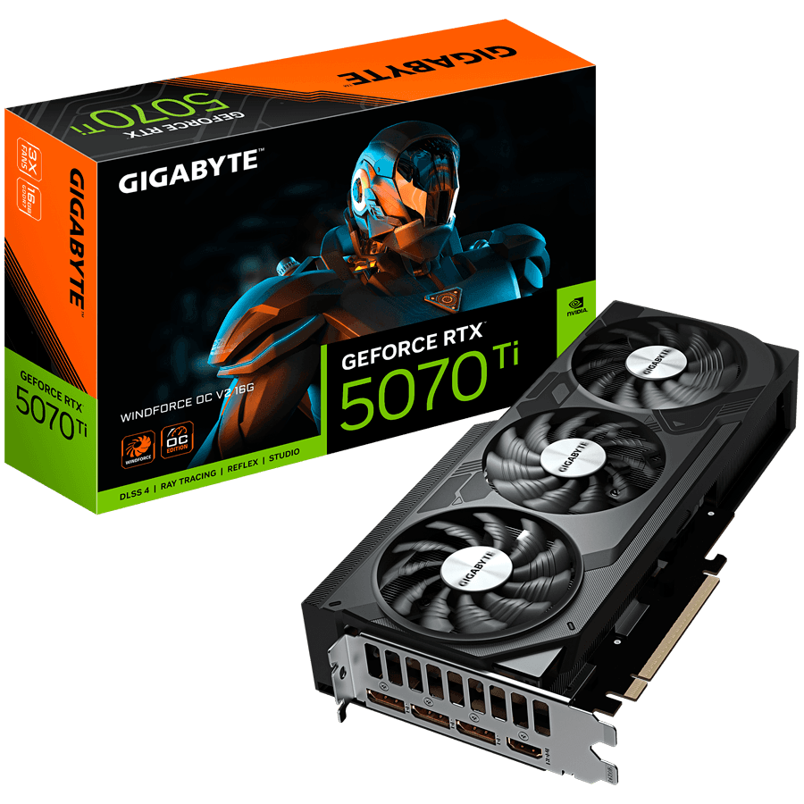 GIGABYTE Video Card NVIDIA GeForce RTX 5070 Ti WINDFORCE OC V2 16G (16GB GDDR7/256bit, PCI-E 5.0, Recommended PSU 750W, 3xDP, 1xHDMI) ATX