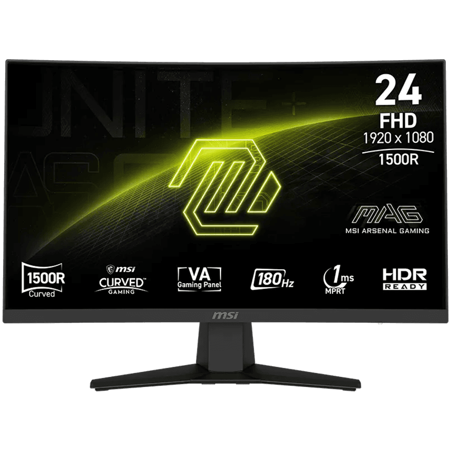 MSI MAG 244C, 23.6, VA, Curve 1500R, 1920 x 1080 (FHD), 16:9, 250 NITS, 180Hz, 1ms(MPRT), HDR Ready, 1x HDMI 2.0b (FHD, 180Hz), 1x DP 1.2a (HBR2), 1x Headphone-out, Anti-glare, VESA