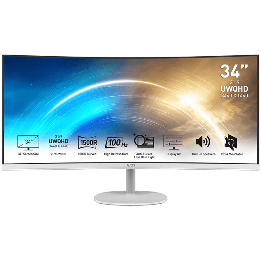 MSI PRO MP341CQW, VA, Curved 34", 3440 x 1440 (UWQHD), 100Hz, 4ms (GTG Min.) / 1ms MPRT, FreeSync, 21:9, Anti-glare, 2x HDMI, 1x DP, 2x 2W Speakers, VESA