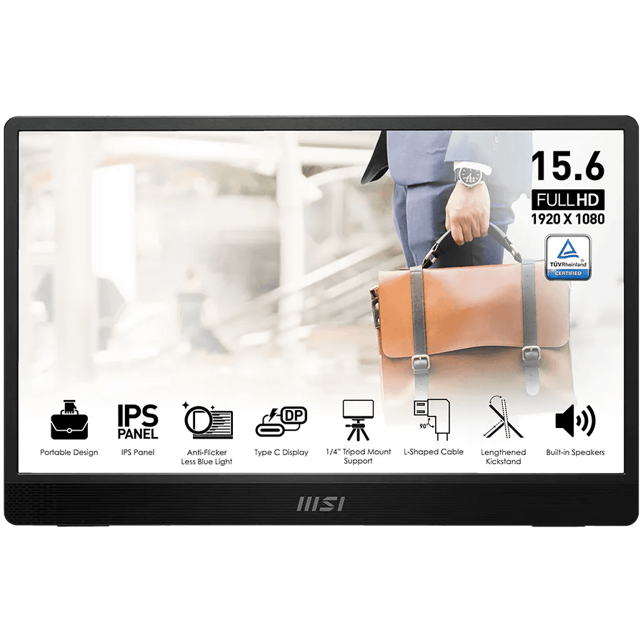 MSI PRO MP161 E2U Portable Monitor, 15.6", 60Hz FHD (1920 x 1080), 16:9, IPS, 250NITS, 4ms, Anti-glare, 1x Mini HDMI, 2x Type-C (DP 1.2a signal with Alt mode & 15W Power Delivery / Power Input), 2x 1.5W Speakers,