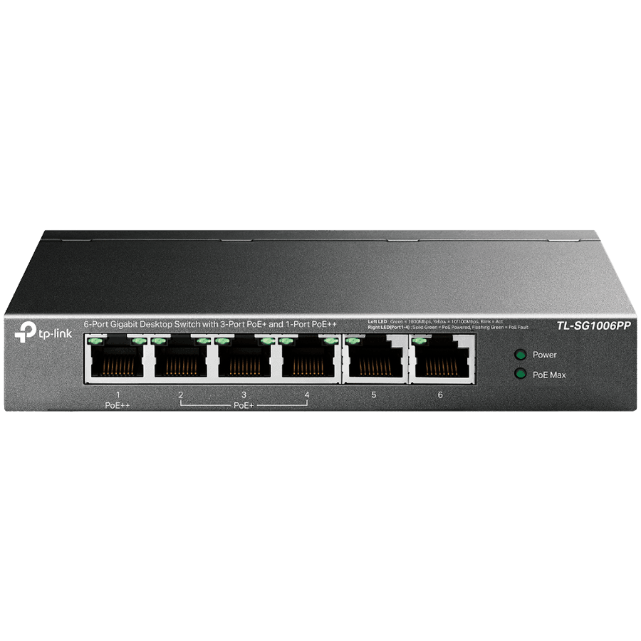 6-Port Gigabit Desktop Switch with 3-Port PoE+ and 1-Port PoE++PORT: 1× Gigabit PoE++ Port, 3× Gigabit PoE+ Ports, 2x Gigabit Non-PoE PortsSPEC: 802.3af/at/bt type3, 64 W PoE Power,  Desktop Steel CaseFEATURE: Extend Mode for 250m PoE Transmittin