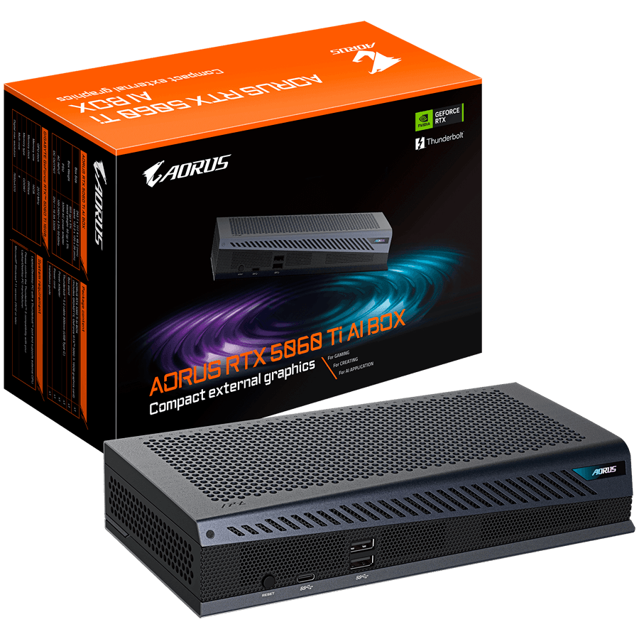 GIGABYTE Video Card NVidia AORUS RTX 5060 Ti AI BOX, GeForce RTX 5060 Ti 16GB, Thunderbolt 5 plug and play, 1x Thunderbolt 5, 3x USB 3.2 Gen 2, 3x DP 2.1b, 1x HDMI 2.1b