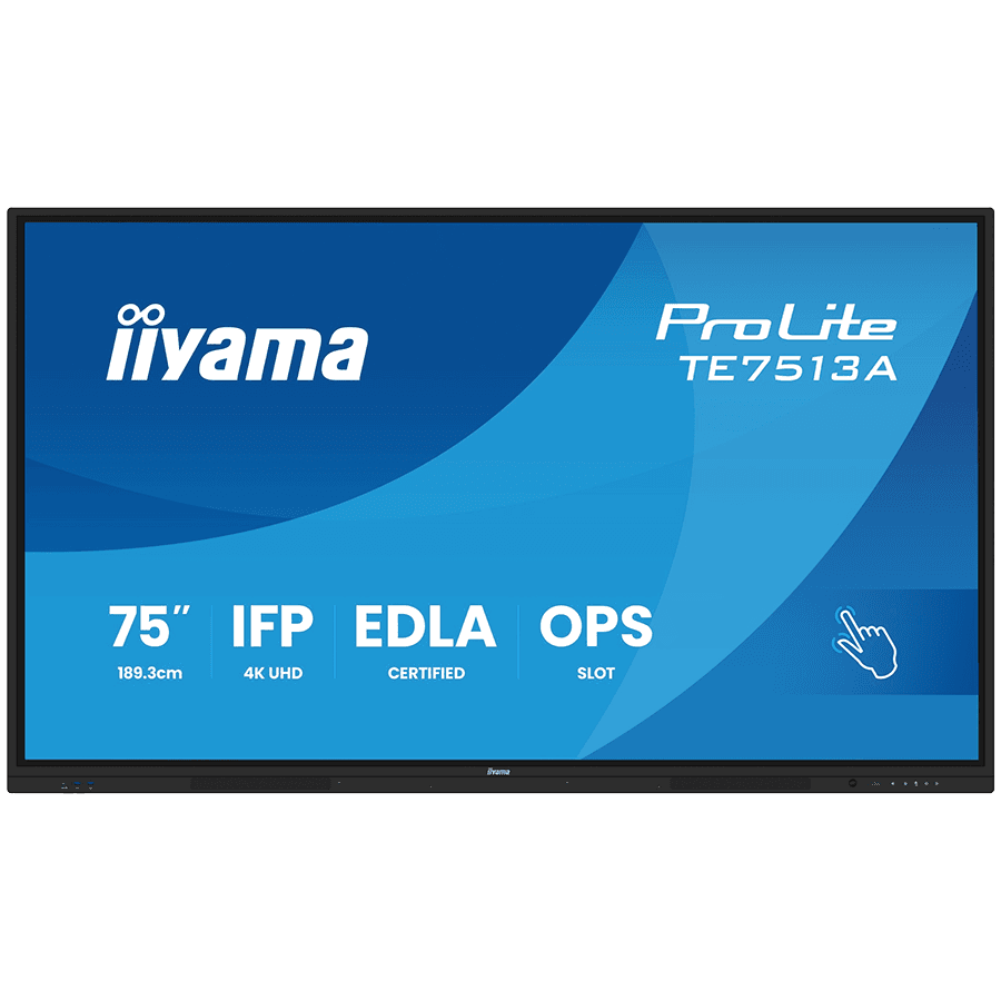 Iiyama Prolite TE7513A-B2AG 75''UHD VA 3840x2160 400cd 1200:1 8ms Android 1, 8/128GB, 40-Points, VGA, HDMI 2x HDMI-out 2x USB-C, Audio mini-jack and Optical Out (S/PDIF), USB Touch Interface,  Landscape mode, Media Play USB Ports, AntiGlare Glass,LAN