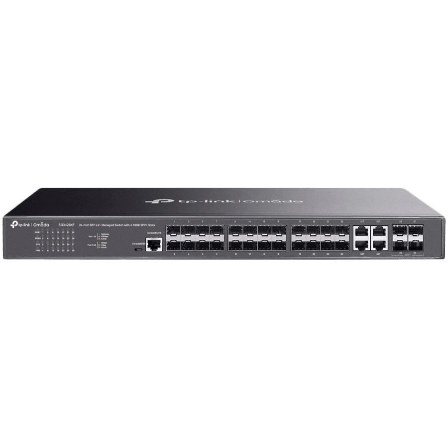 Omada 24-Port SFP L2+ Managed Switch 20× Gigabit SFP Ports, 4× Gigabit SFP/RJ45 Combo Ports, 4× 10G SFP+ Slots, RJ45/Micro-USB Console Port 1U 19-inch Rack-mountable Steel Case Integration with Omada SDN Controller