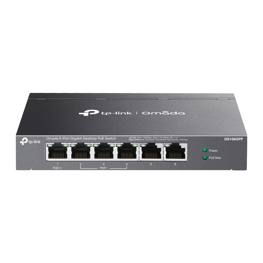 Omada 6-Port Gigabit Desktop Switch with 3-Port PoE+ and 1-Port PoE++ 1× Gigabit PoE++ Port, 3× Gigabit PoE+ Ports, 2x Gigabit Non-PoE Ports 802.3af/at/bt type3, 64 W PoE Power,  Desktop Steel Case Extend Mode for 250m PoE Transmitting for Port1-2