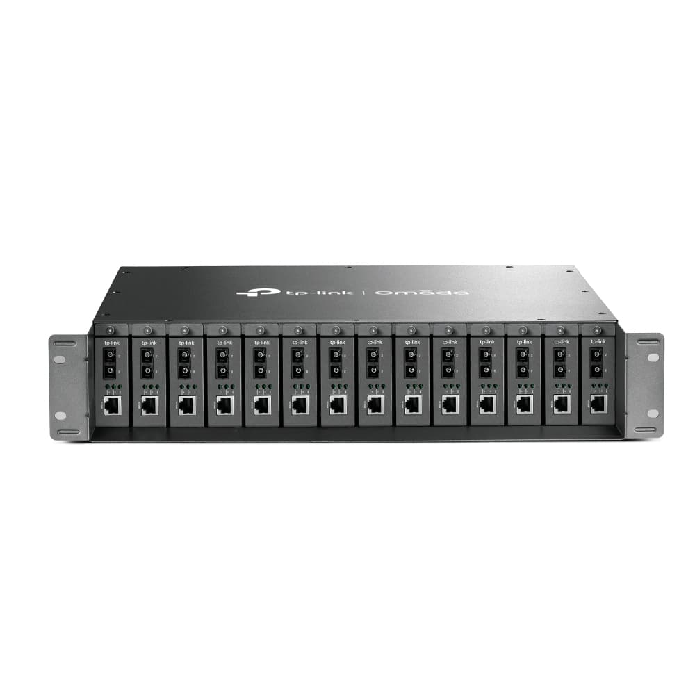 Omada 14-Slot Media Converter Chassis SPEC: 14-Slot, Rackmount FEATURE: Redundant Power Supply, Mounted Two Fans, Compatible with TP-Link's Media Converter (9VDC Input)