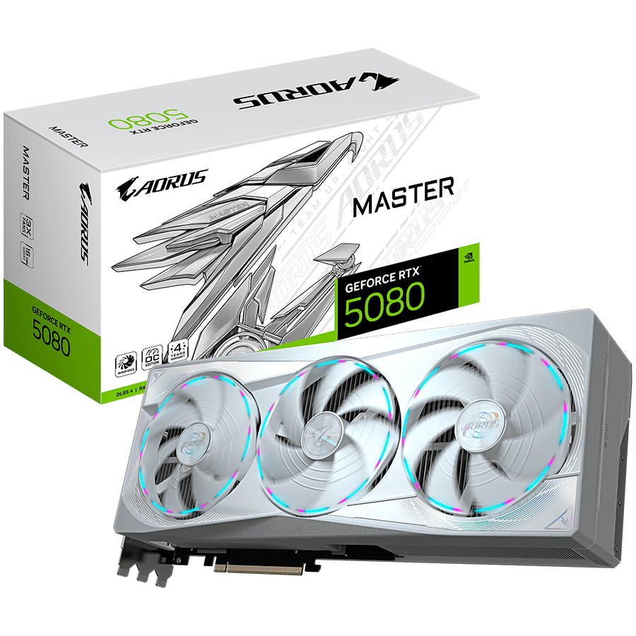 GIGABYTE Video Card NVIDIA GeForce RTX 5080 AORUS MASTER ICE 16G (16GB GDDR7/256bit, PCIe 5.0, 3xDP, 1xHDMI, Recommended PSU 850W, 3 fans) ATX white