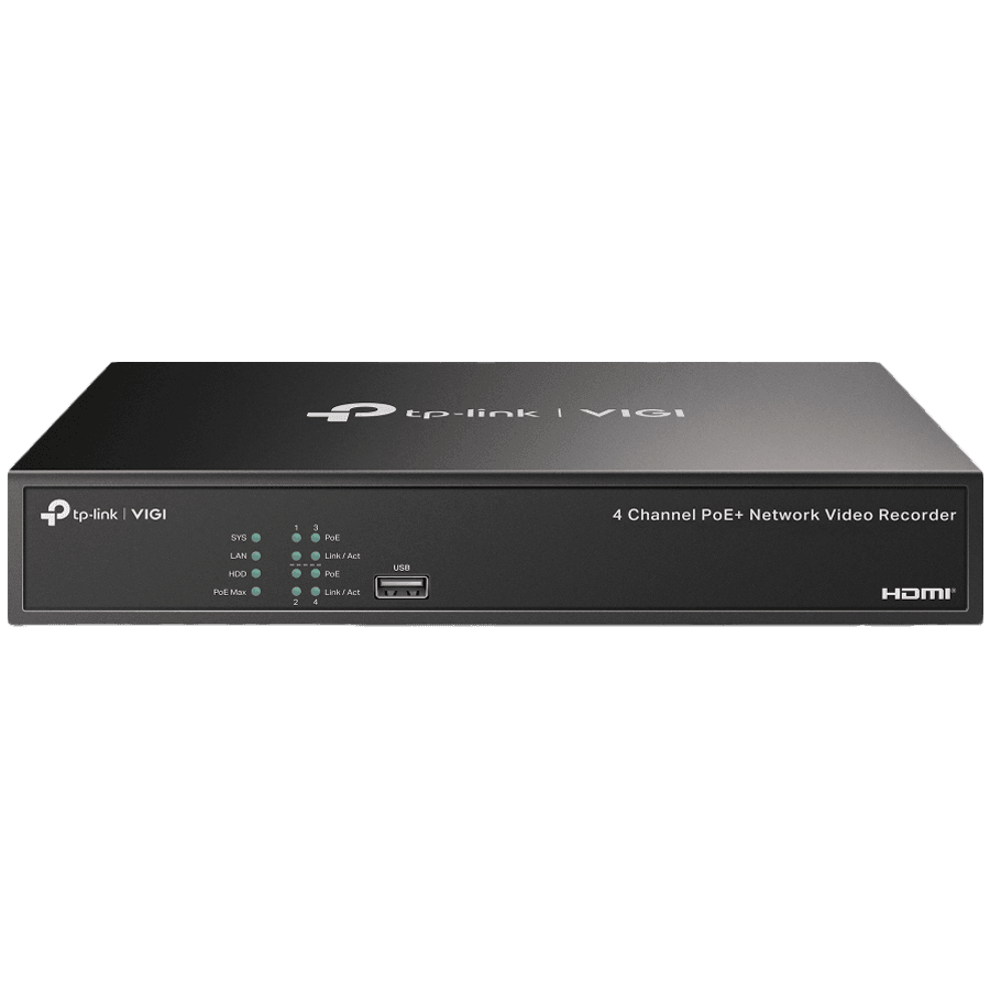 4 Channel PoE Network Video Recorder- Built in 2TB HDD H.265+/H.265/H.264+/H.264, Up to 8MP resolution, Decoding capability/4-ch @4MP,80 Mbps Incoming Bandwidth(up to 4 channels),4× 10/100 Mbps PoE+ Ports, Max Output 53W, 802.3 af/at