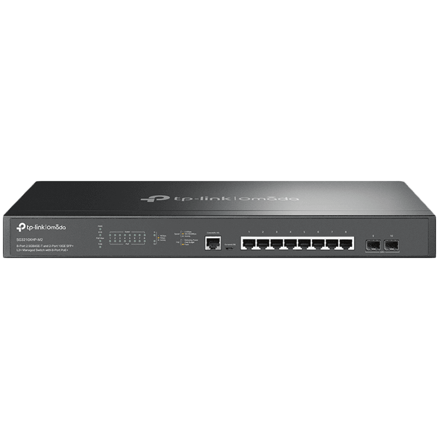 TP-Link SG3210XHP-M2 Omada 8-Port 2.5GBASE-T and 2-Port 10GE SFP+ L2+ Managed Switch with 8-Port PoE+, 8× 2.5 Gbps PoE+ ports,2× 10 Gbps SFP+, 240 W PoE Budget, ZTP, IP-MAC-Port Binding, ACL, Port Security, DoS Defend, Storm control, DHCP Snooping